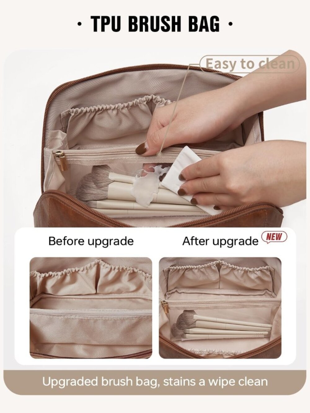 Travel Makeup Bag for Women, PU Leather Cosmetic Bag, Brown, Large - Picture 5 of 7